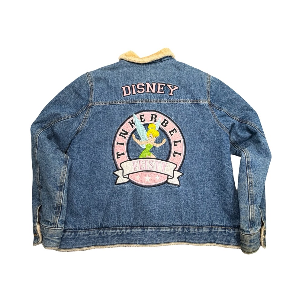 Disney Tinkerbell Denim Jacket Womens L Blue Sherpa Lined Cotton Feisty Boho